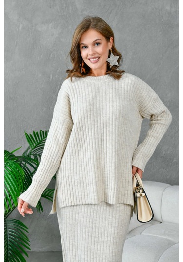 Kadın Bisiklet Yaka Uzun Kazak Etek İkili Triko Takım Taş