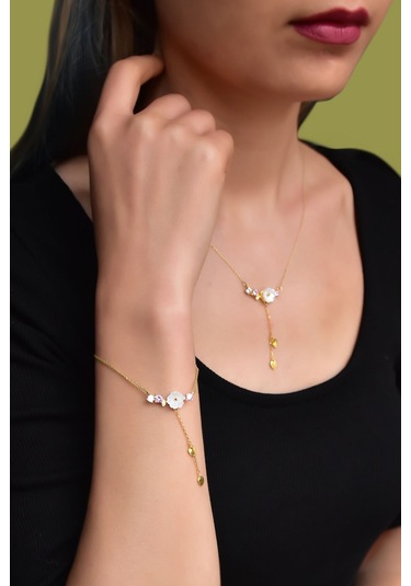 Papatya Silver 925 Ayar Gümüş Gold Kaplama Zincir Sallantılı Taşlı Sedef Manolya Çiçeği Kolye ve Bileklik Set