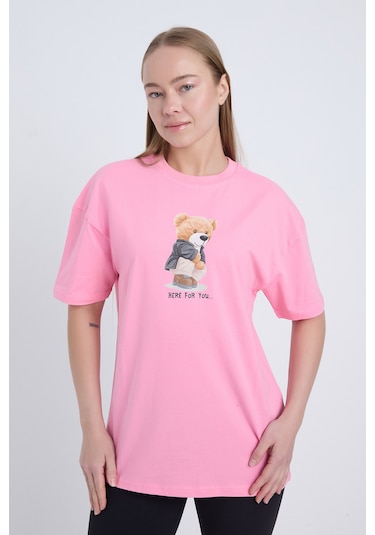 Velvoria Oversize Kadın Here For You Baskılı Pembe Renk T-shirt