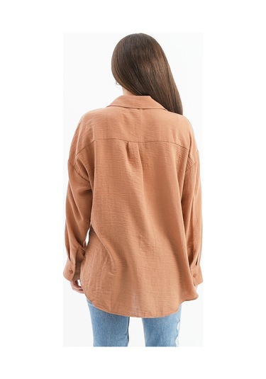 Taşlı Kalp İşlemeli Keten Gömlek - Vizon-vizon Vizon