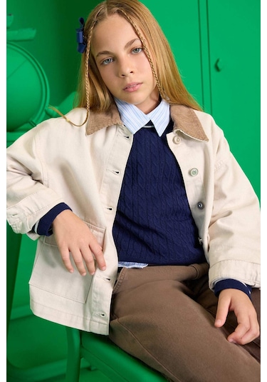 Defacto Kız Çocuk Okul Kontrast Yakalı Gabardin Ceket F7518a825aubg74 Bej