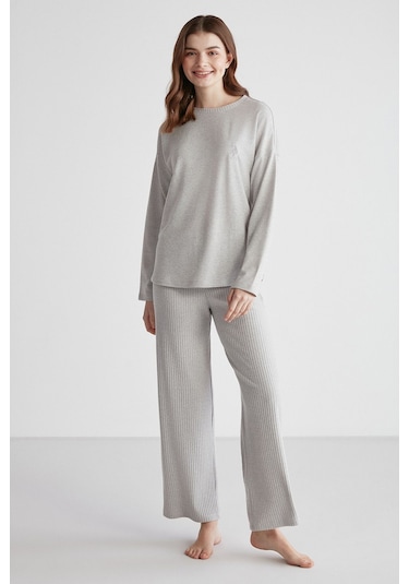 U.s Polo Assn. 16954 Kadın Gri Melanj Yuvarlak Yaka Uzun Kollu Pijama Takımı -grimelanj Gri Melanj