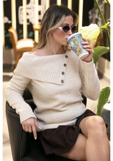 Lela Premium Regular Fit Kayık Yaka Düğme Detaylı Bayan Kazak 680Kz002563 Taş