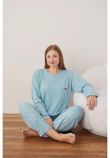 Lindros Kadın Pamuklu Düğme Yaka Raporlu İnterlok Battal Pijama Takımı 05108 - 1 Adet Yeşil