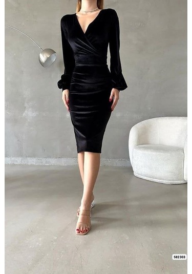 Nnstartshopping Kadın Kadife Kumaş Kruvaze Yaka Balon Kol Ve Yırtmaç Detaylı Midi Boy Elbise Siyah
