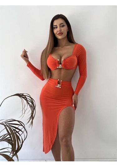 Turuncu Sandy Kumaş Tokalı Uzun Kollu İkili Takım Turuncu