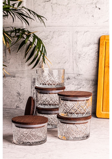 Snippy Milla 6'lı Ahşap Vakumlu Kapaklı Cam Kahvaltılık Ahşap - Şeffaf