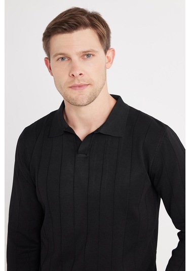 Erkek Slim Fit Dar Kesim Uzun Kol Polo Yaka Çizgili Siyah Kazak-35794 Siyah