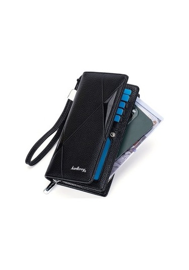 Linjinxu Baellerry S1240 Lychee Desen İş Günlük Fermuarlı Uzun Cüzdan Çoklu Kart Yuvası El Çantası Siyah Siyah