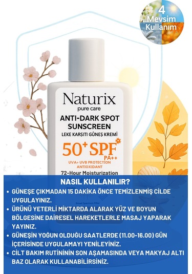 Leke Karşıtı Güneş Kremi Spf 50+ Pa+++ Uva-uvb Koruma 72 Saat Nemlendirme Water Resistant - 50ml