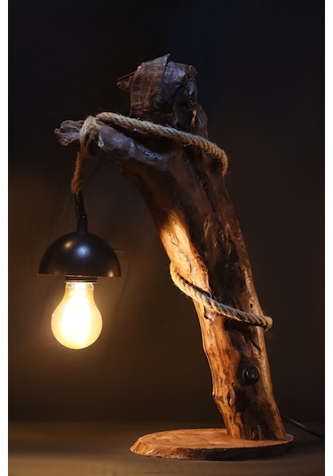 Celestia Home Otantik  İskandinav El Yapımı Doğal Ağaç Ahşap Rustik Aydınlatma Abajur Masa Lambası Ahşap