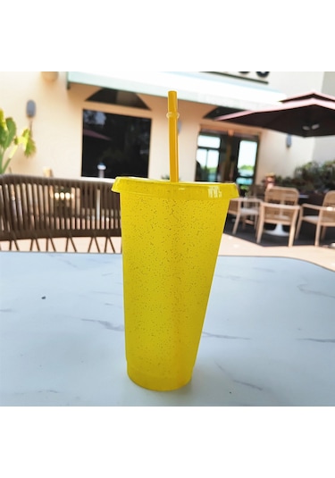 Sones Büyük Yaz Parıltılı Su Bardağı Plastik Buzlu Soğuk İçecek Şişesi Pipetli