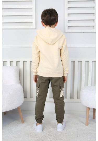 Moving Forward Kargo Cep Kapüşonlu 2 İplik Şardonlu Alt-üst Erkek Çocuk Eşofman Takımı Ekru