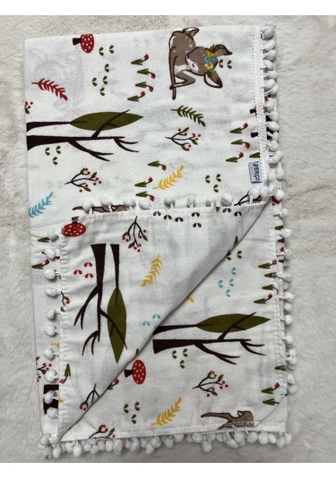 Geyik Mantar Ponponlu Çift Kat Pazen Müslin Örtü 100 120 Cm Ekru