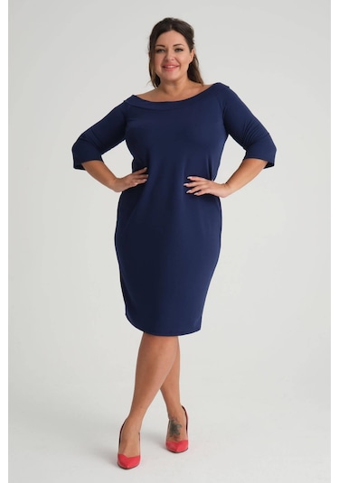 Kadın Lacivert Carmen Yaka Truvakar Kol Büyük Beden Esnek Krep Elbise-lacivert Lacivert