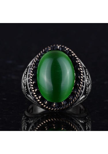 925 Ayar Gümüş Yüzük, Yapay Taş Yüzük, Kartal Sembolü Yüzük, El Yapımı Yüzük Yapay Yeşil Kedi Gözü Gümüş