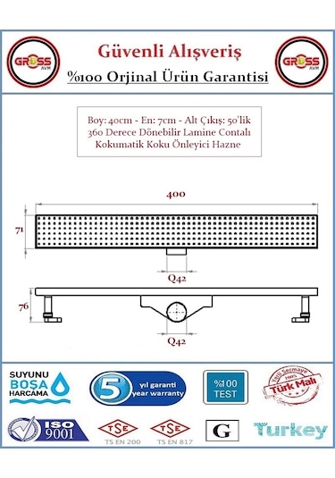 Duş Gider Kanalı - Dönerli Hazne - 304 Paslanmaz Izgara - 40cm