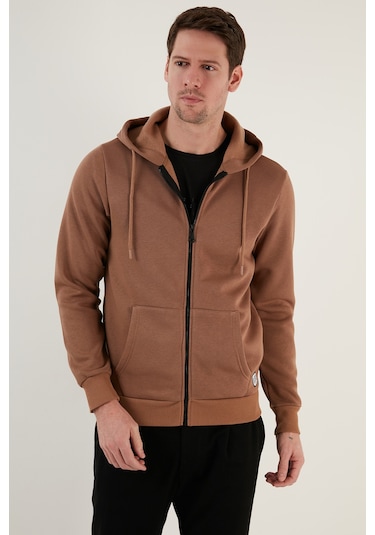 Buratti Regular Fit Kapüşonlu Fermuarlı Içi Tüylü Yumuşak Şardonlu Kışlık Erkek Sweat 5905340 Sütlü Kahve