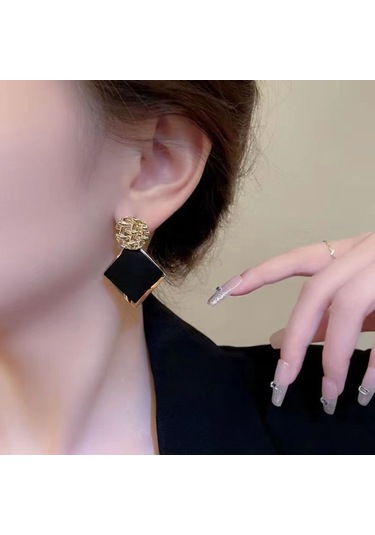 Samdoo Geometrik Kare Desenli, Siyah Email Ve Altın Kaplama, Çift Katlı, Dayanıklı Alaşım, 4.5x3.4 Cm, S925 Gümüş İğne, Modern Retro Küpe Gold