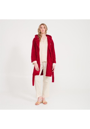 Welsoft Kapüşonlu Peluş Kadın Sabahlık Bordo