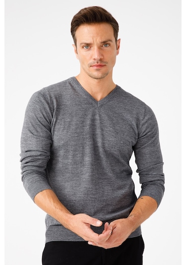 Desen Triko Erkek Basic V Yaka İnce Triko Kazak 02421602 Füme