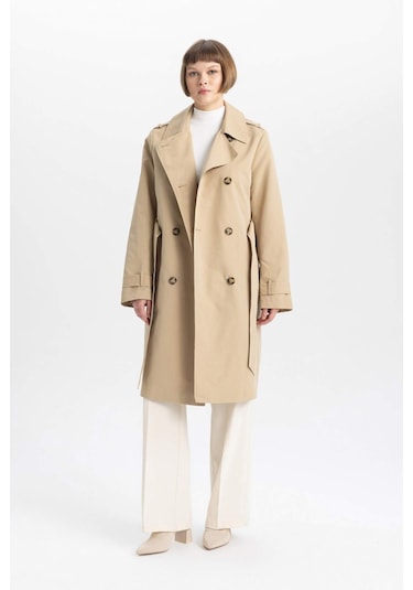Defacto Su İtici Mevsimlik Trençkot Kruvaze Yaka Düğmeli Cepli Kemerli Apoletli A0593AX24SPBN425 Kahve