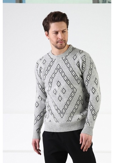 Ferraro A.Gri Kare Desenli %100 Kuzu Yünü Erkek Kazak Açık Gri