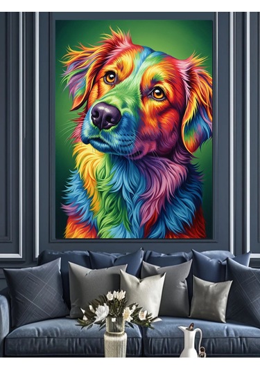 Canlı Renkli Köpek Portresi Dekoratif Kanvas - Mdf Ahşap Tablo