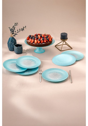 Emsan Pastel 7 Parça Cam Pasta / Tatlı Seti Mavi Mavi