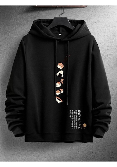 Discost Suşi Basklı Unisex Oversize Sweatshirt Hoodie SIYAH