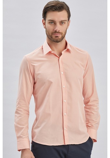 Pudra Uzun Kollu Bez Ayağı Sert Yaka Cepsiz Pamuklu Klasik Slim Fit Dar Kesim Gömlek 1004240230 Pudra