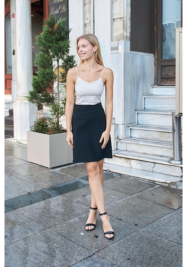 Yüksek Bel Hafif Likralı Kumaş Diz Boy Çan Etek-siyah Siyah