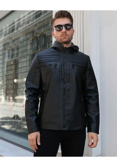 Erkek Kapüşonlu Siyah Deri Mont 001
