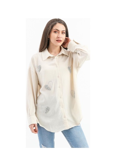 Taşlı Kalp İşlemeli Keten Gömlek - Bej-bej Bej