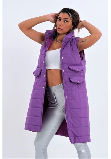 Keyifli Moda Kadın Koyu Mor Dik Yaka Cep Detaylı Uzun Şişme Yelek