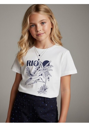 Zekids Kız Çocuk Rio Baskılı Basic T-shirt-16971 Ekru