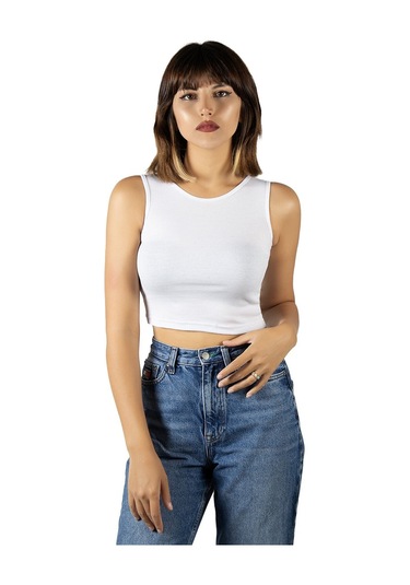 2'li Paket Beyaz Kırmızı Fitted/vücuda Oturan Crop Halter Yaka Fitilli Esnek Örme Bluz Atlet Beyaz Kırmızı