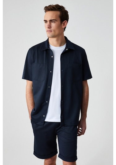 MELOS Erkek Kısa Kollu Cepli Çıtçıtlı Relaxed Fit Lacivert Gömlek