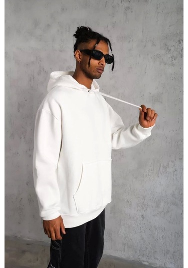 Erkek Düz Kapüşonlu Sweat - Beyaz Beyaz