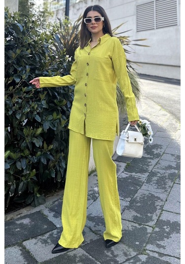 Kadın Yeşil Gofre Kumaş, Çift Cepli Gömlek & Bol Paça Pantolon - Salaş Alt & Üst Takım Yağ Yeşili
