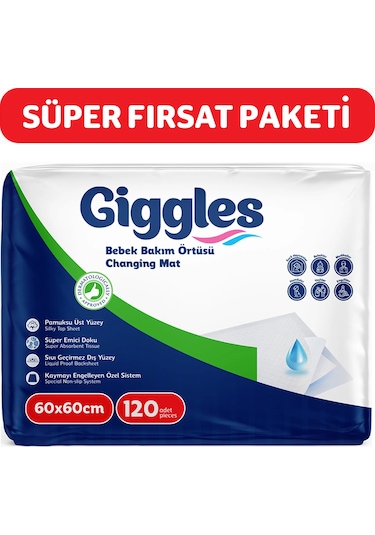 Giggles Bebek Bakım Örtüsü 60x60 Alt Açma Bezi 12 Paket 120 Adet