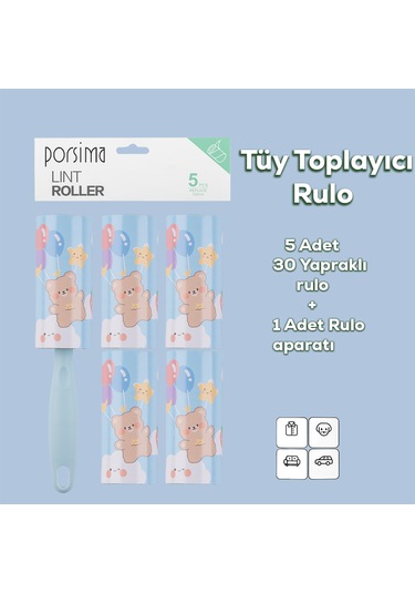 Porsima 3105 Kedi Köpek Tüy Toplayıcı Rulo 4 Adet Yedek Rulo Mavi