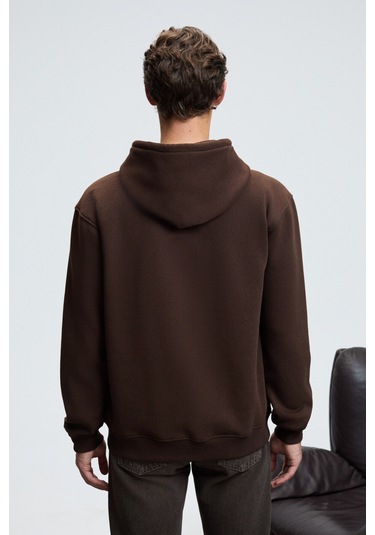 JUSTUS Erkek Kapüşonlu Kanguru Cepli Fermuar Yakalı Kahverengi Sweatshirt