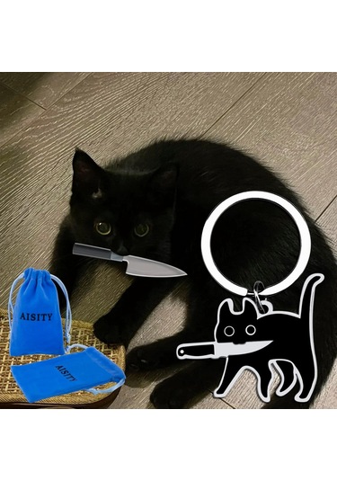 Geeksen Kedi Figürlü Anahtarlık - Siyah Bıçaklı Köpekbalığı Desenli, Unisex Dekoratif Hediyelik Aksesuar