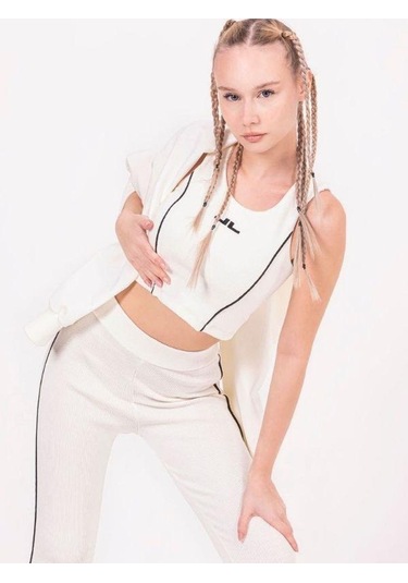 Kız Çocuk Şeritli Taytlı Crop Takım-13789 KREM