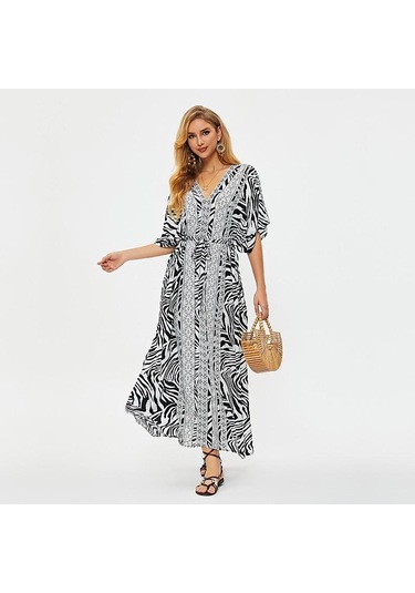 Edolynsa Plaj Cover Up Tunikler Plaj Baskı Şifon Uzun Kaftan Bikini Cover Up Robe De Plage Sarong Plaj Wrap Mayo Coverup Q1510 Beyaz