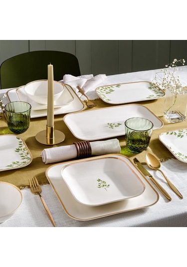 Kütahya Porselen Bone Mınas 51 Parça Yemek Takımı Altın Yeşil Yapraklı Yeşil