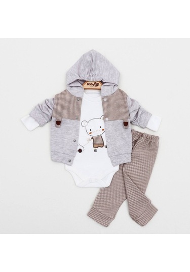 Babyim 2041 3-6-9 Erkek Ayıcıklı Hırkalı Bebek Takım - Kahverengi Kahverengi