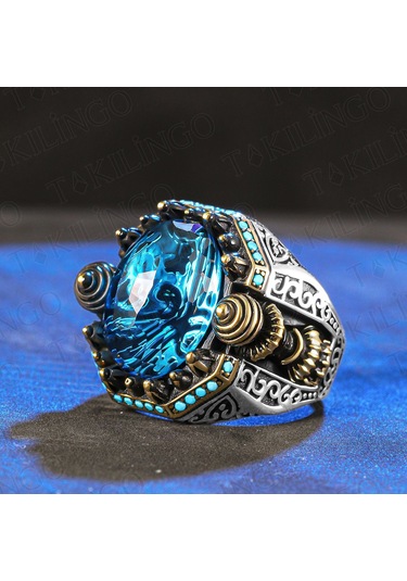 925 Ayar Gümüş Şehzade Kasa Mavi Zirkon Taşlı Usta İşi Erkek Yüzük Gümüş