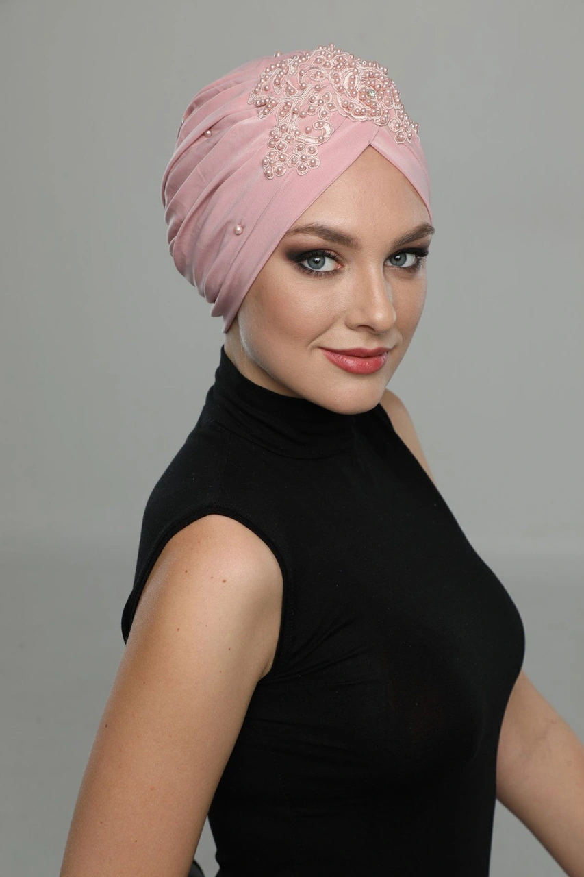 Kopma Astarlı Işlemeli Pudra Gül Motifli Hazır Türban Tesettür Abiye Bone Pudra Gül